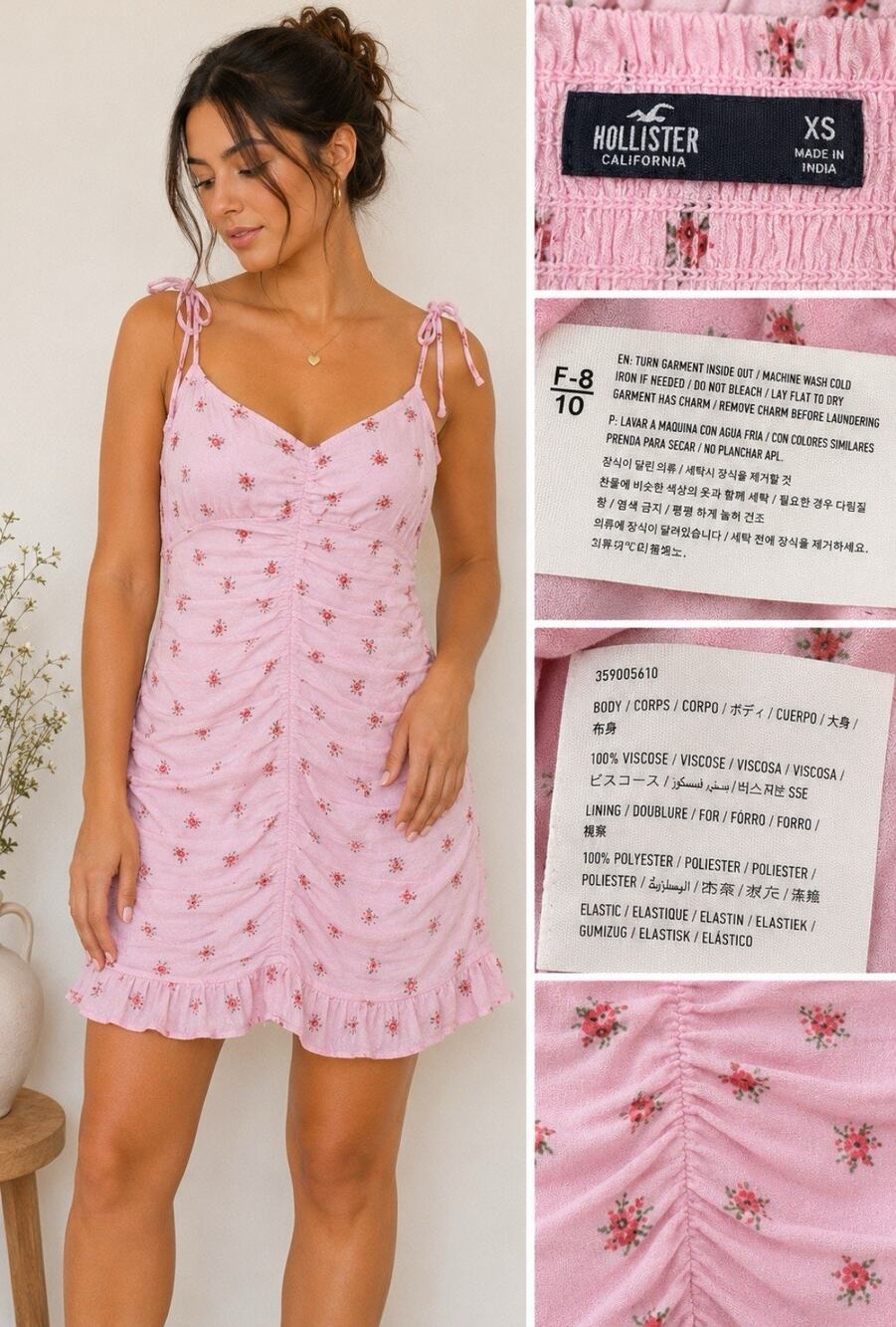 Y2K Coquette Hollister Women's Ruched Mini Dress Size XS Pink Floral Tie Strap
